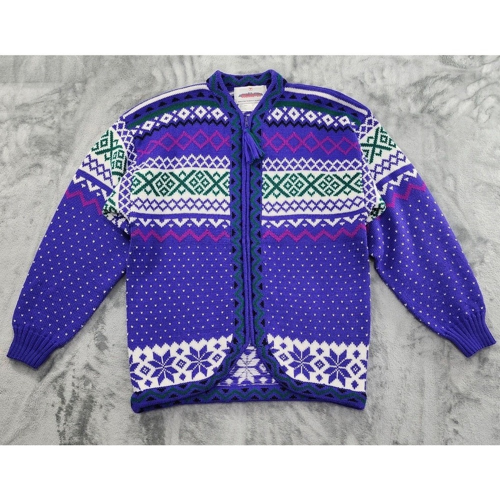 Vintage Obermeyer Kladia Sweater Women L Purple Wool Fair Isle Full Zip Cardigan